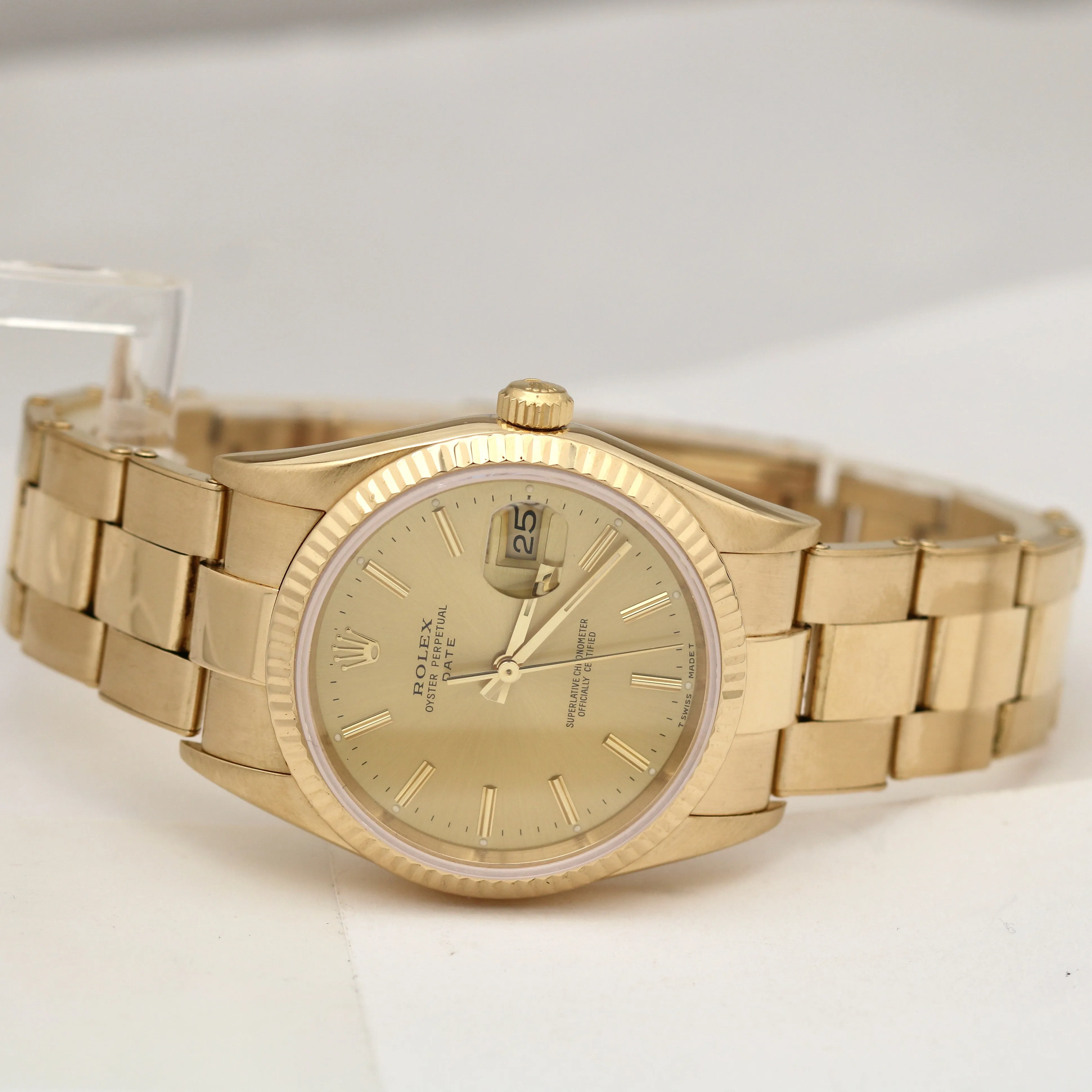Rolex Oyster Perpetual Date 34mm Champagne Yellow Gold Oyster Watch 15238 BOX