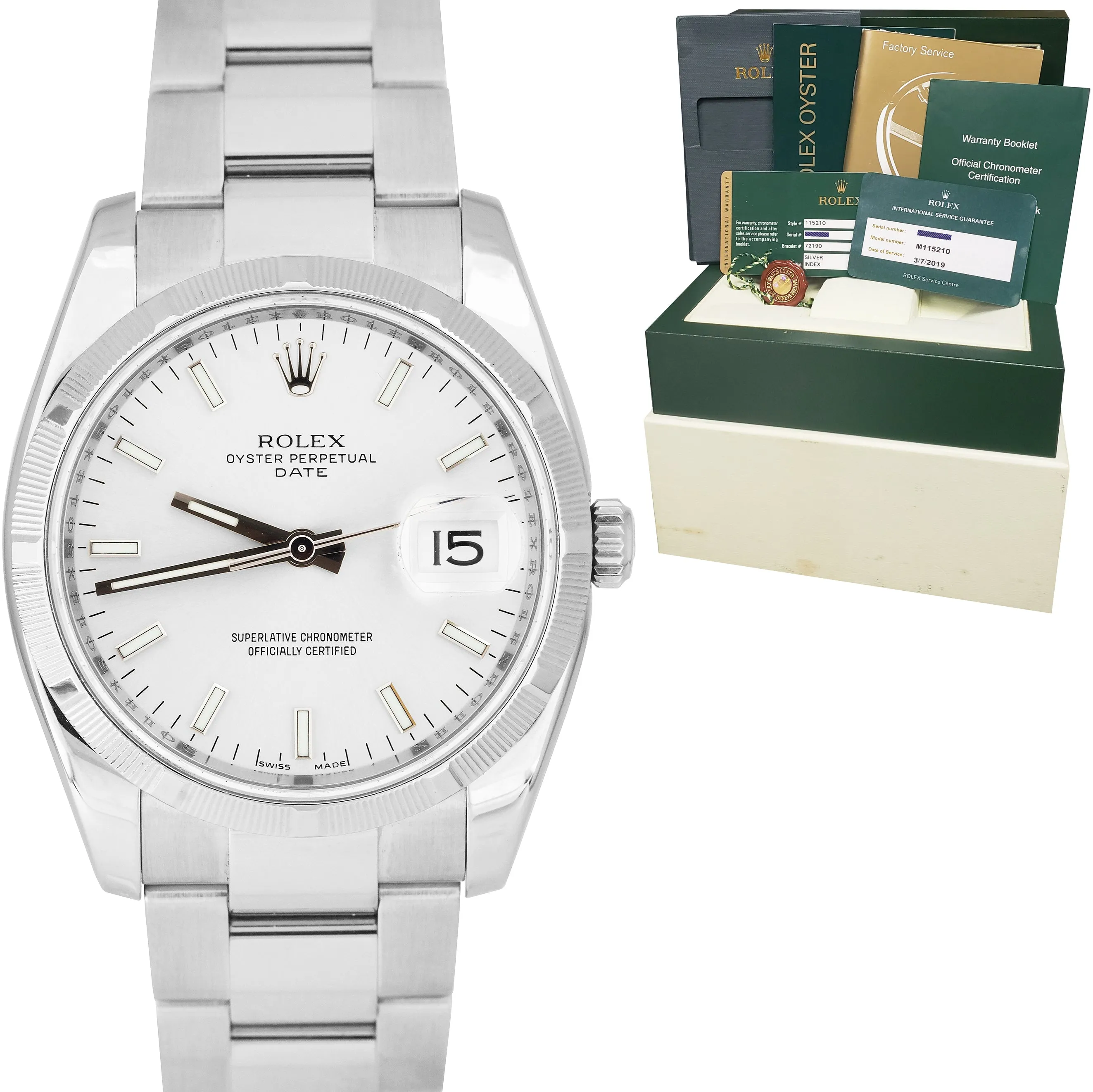 Rolex Oyster Perpetual Date 34mm Silver Stainless Steel Oyster Watch 115210 B P