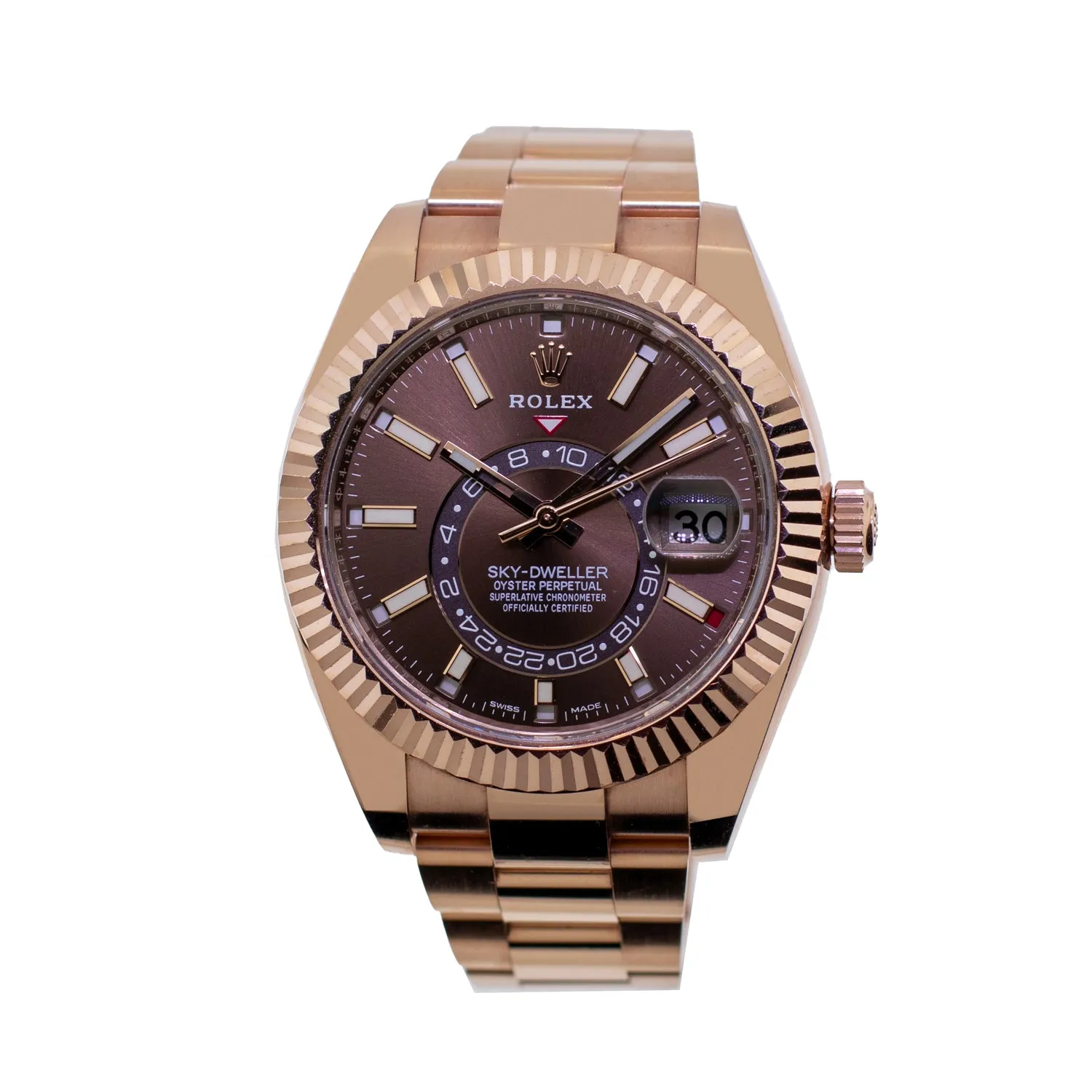 Rolex Sky-Dweller 42mm Everose Gold Chocolate Index Dial Fluted Bezel 326935