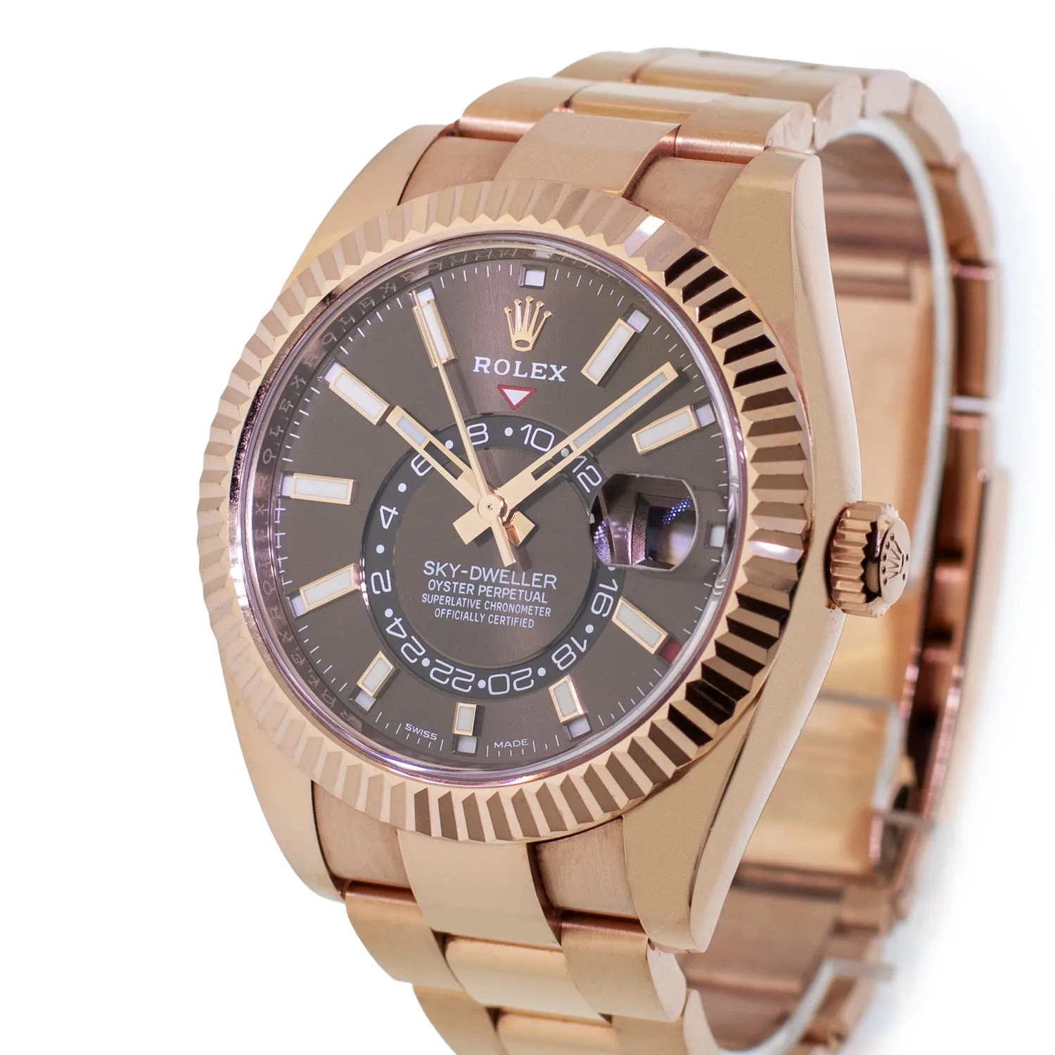 Rolex Sky-Dweller 42mm Everose Gold Chocolate Index Dial Fluted Bezel 326935
