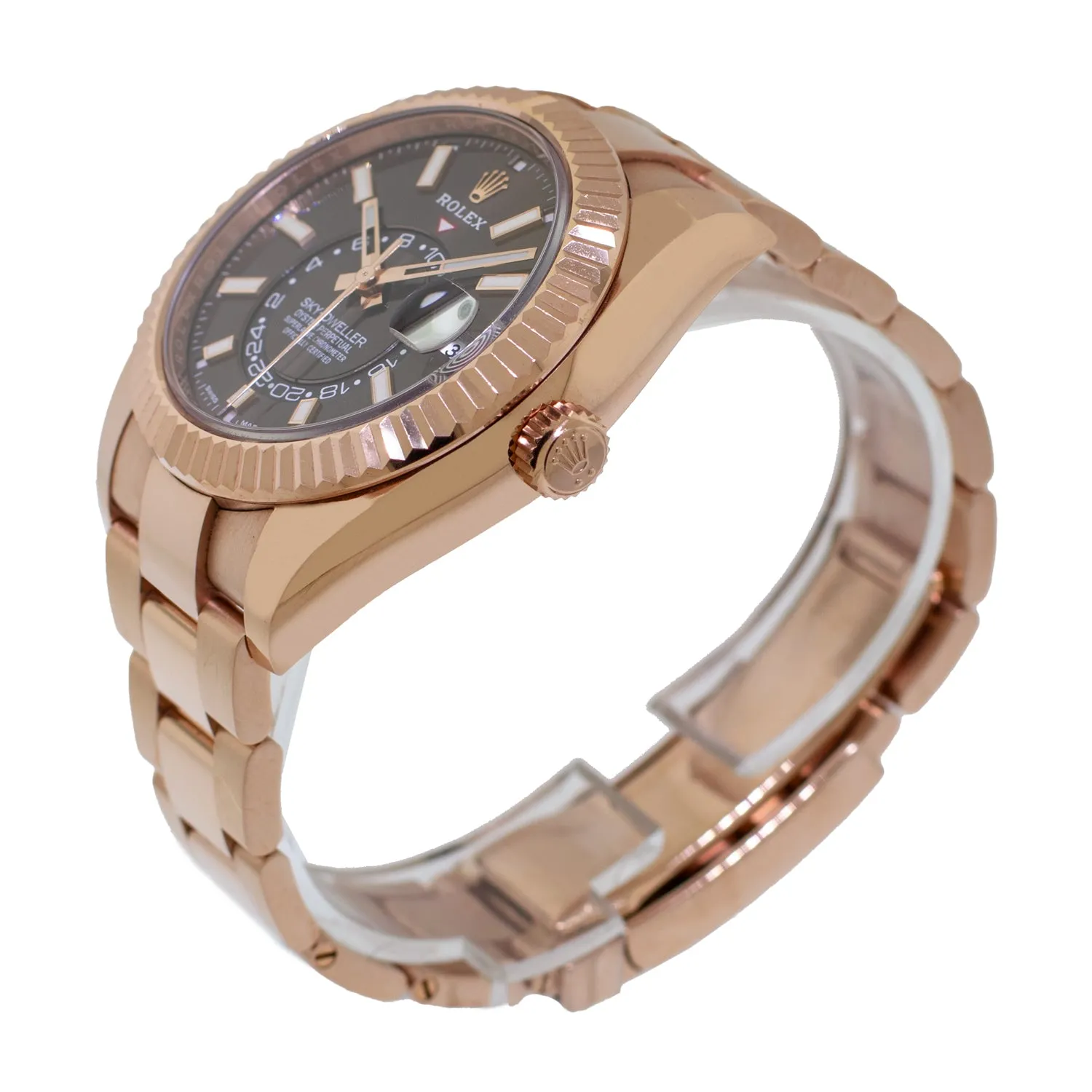 Rolex Sky-Dweller 42mm Everose Gold Chocolate Index Dial Fluted Bezel 326935