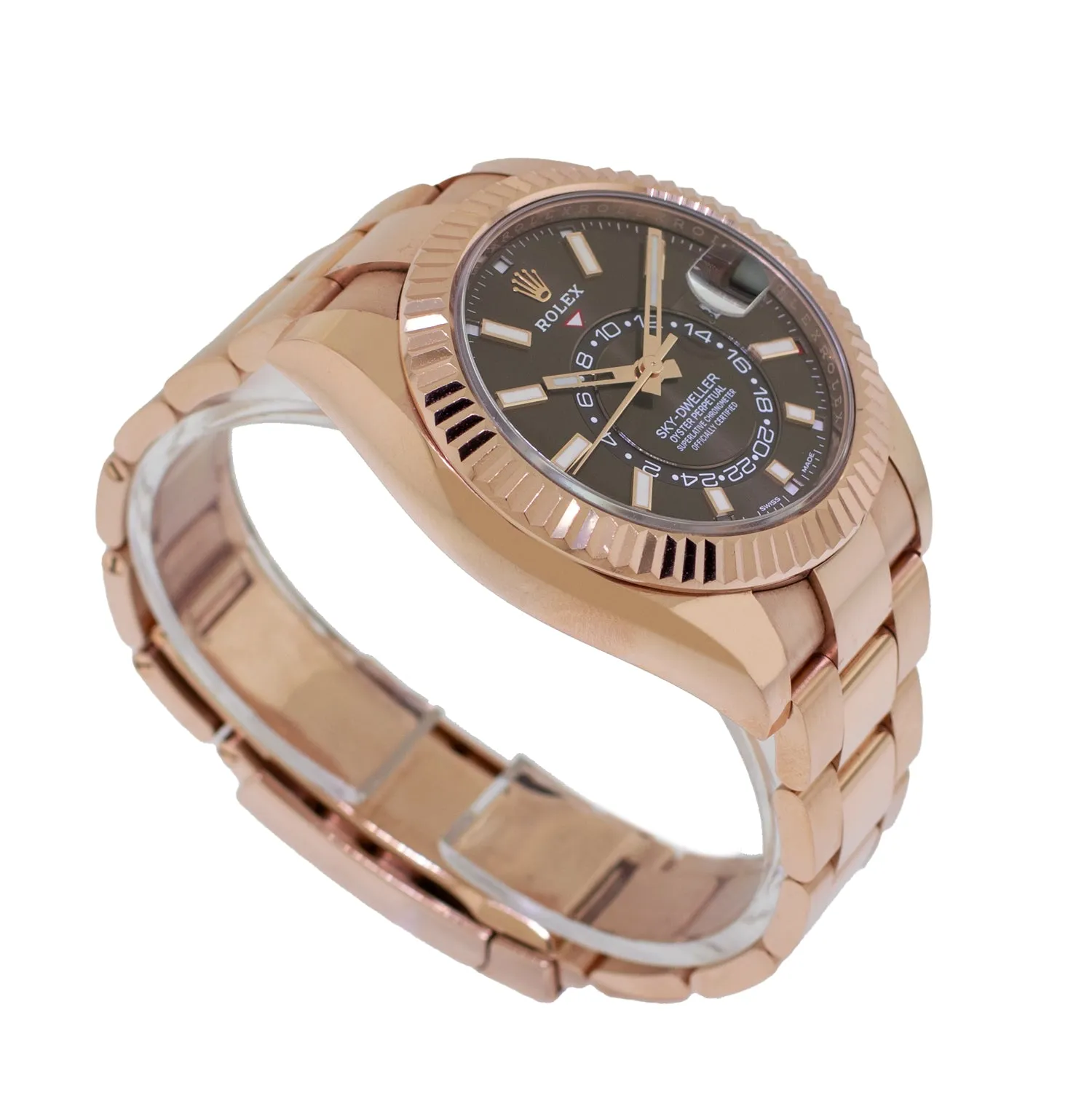 Rolex Sky-Dweller 42mm Everose Gold Chocolate Index Dial Fluted Bezel 326935