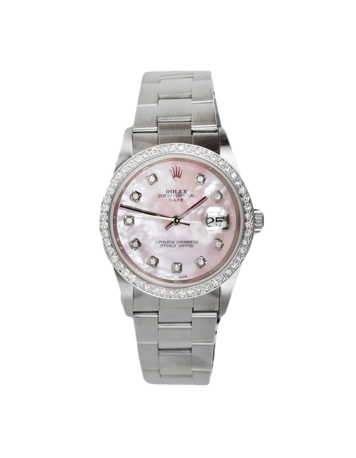 Rolex Stainless Steel/Pink 34mm Automatic Oyster Perpetual Date 15200 Watch w. Diamonds