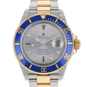 Rolex Submariner Date 16613 T Serti Silver Blue 2006 Yellow Gold Steel 40 mm