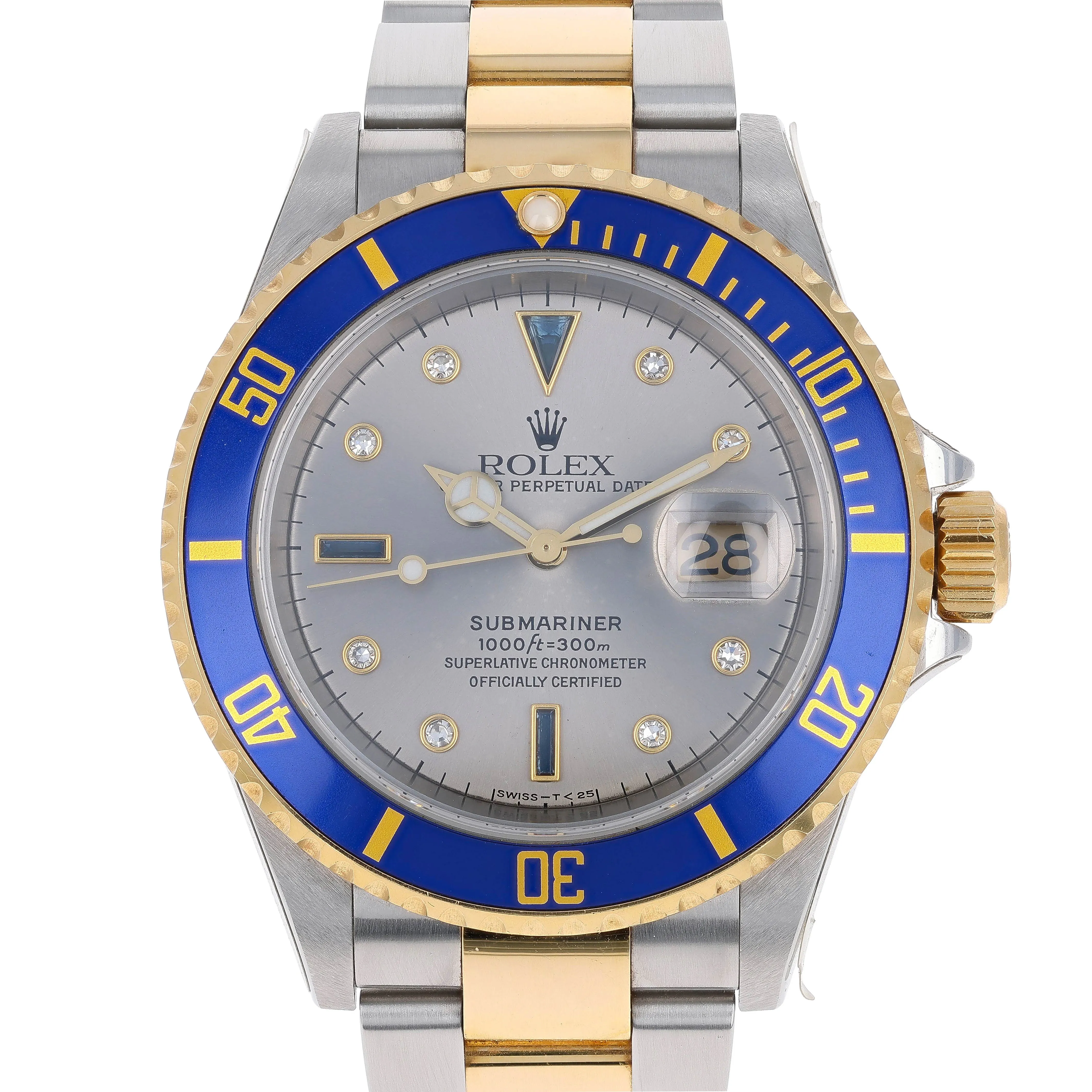 Rolex Submariner Date 16613 T Serti Silver Blue 2006 Yellow Gold Steel 40 mm
