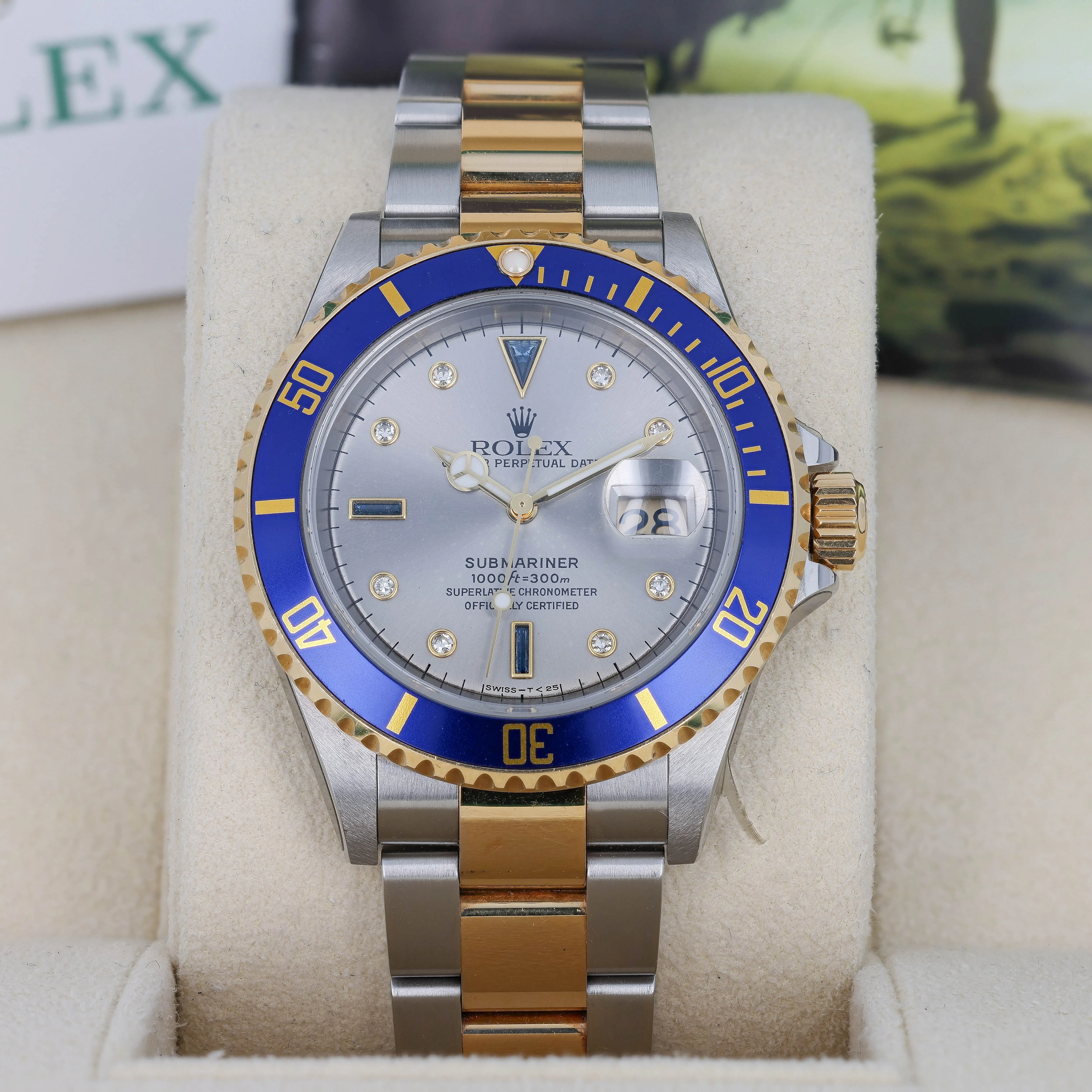 Rolex Submariner Date 16613 T Serti Silver Blue 2006 Yellow Gold Steel 40 mm