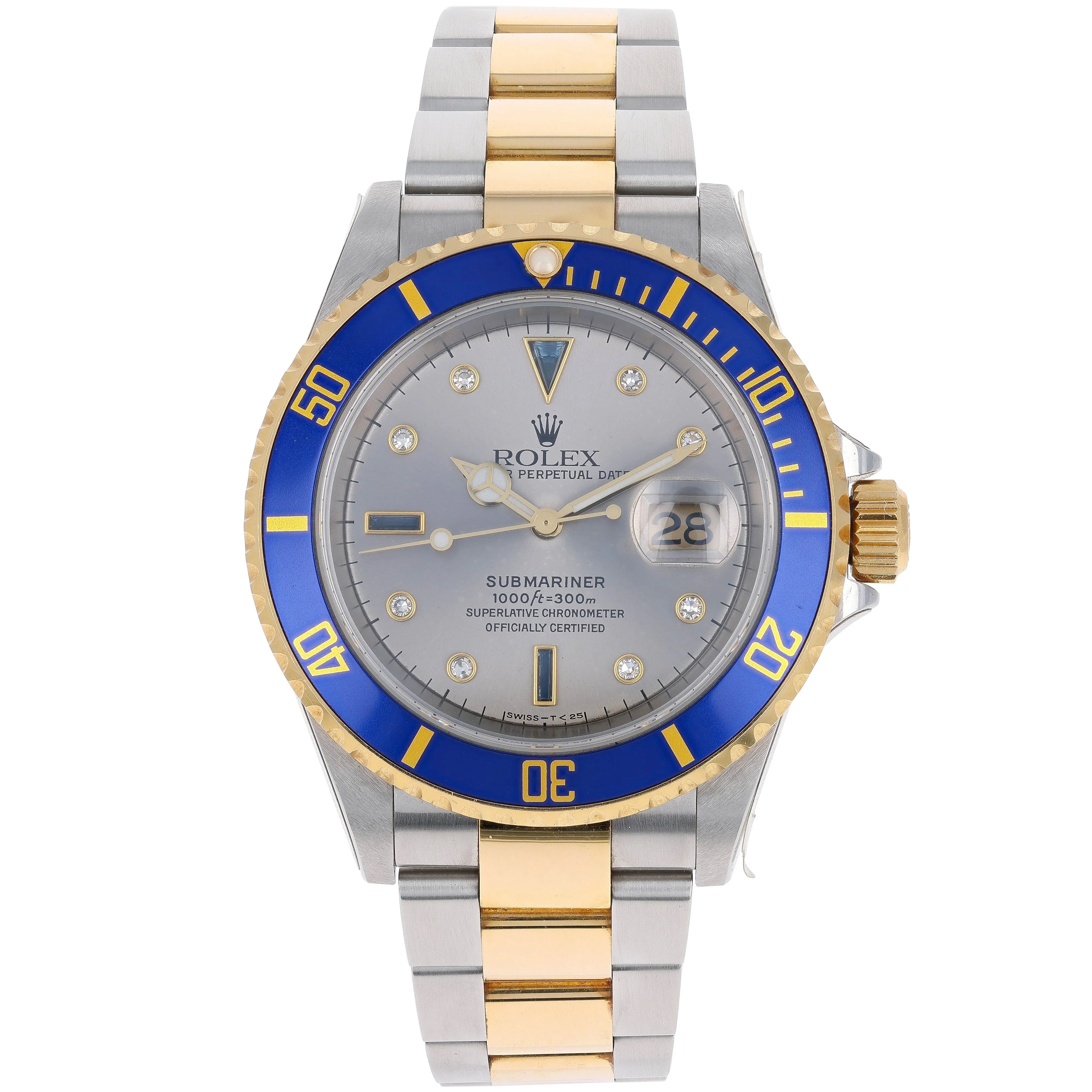 Rolex Submariner Date 16613 T Serti Silver Blue 2006 Yellow Gold Steel 40 mm