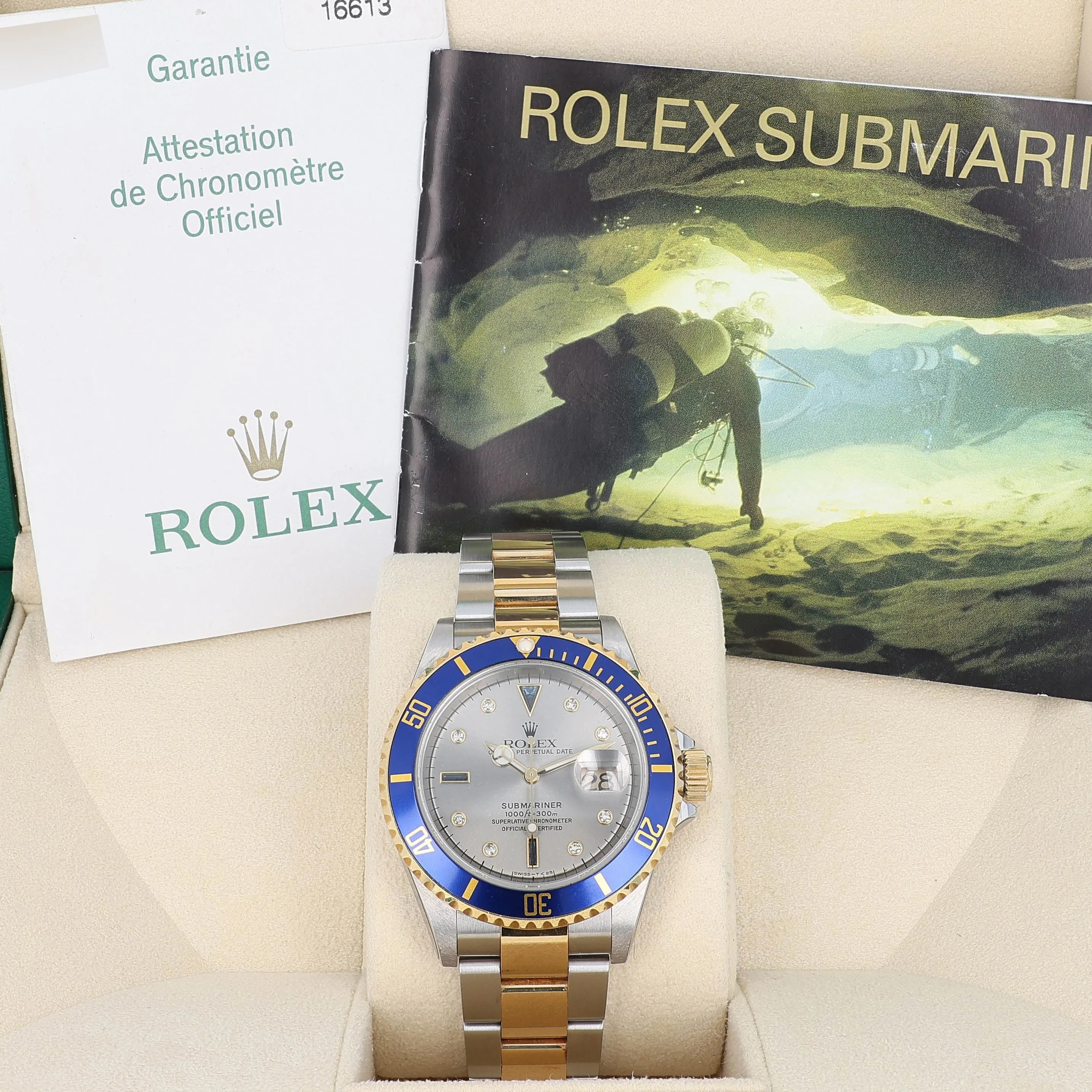 Rolex Submariner Date 16613 T Serti Silver Blue 2006 Yellow Gold Steel 40 mm