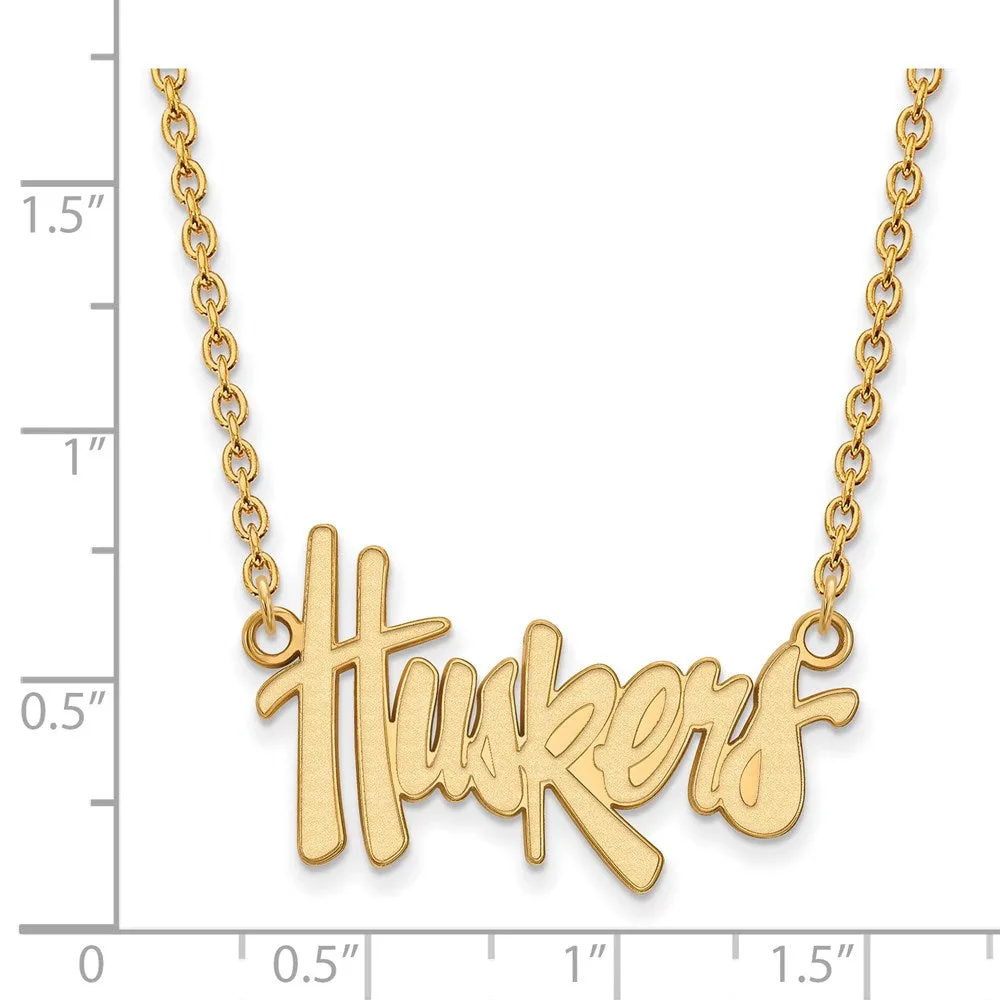 Sterling Silver Gold-plated University of Nebraska Huskers Script Large Pendant 18 inch Necklace