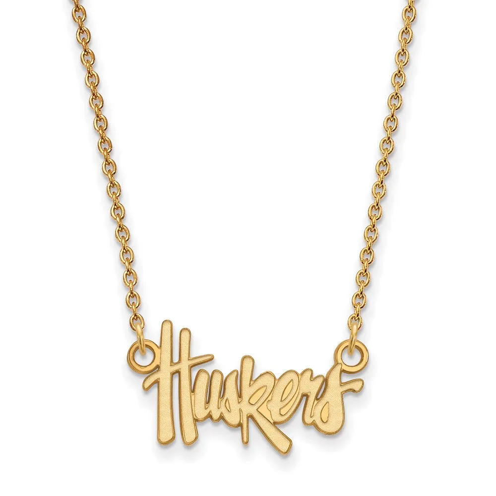 Sterling Silver Gold-plated University of Nebraska Huskers Script Small Pendant 18 inch Necklace