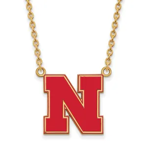 Sterling Silver Gold-plated University of Nebraska Letter N Large Enameled Pendant 18 inch Necklace
