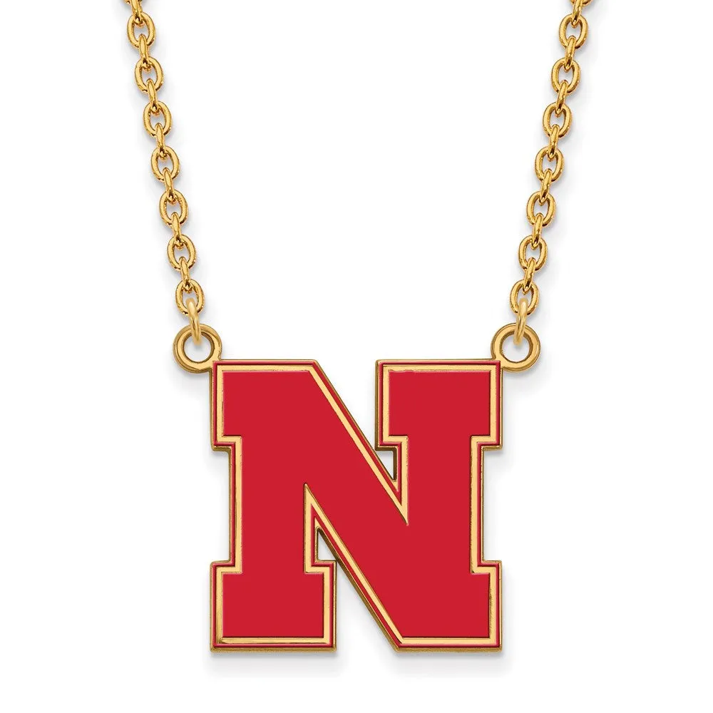 Sterling Silver Gold-plated University of Nebraska Letter N Large Enameled Pendant 18 inch Necklace