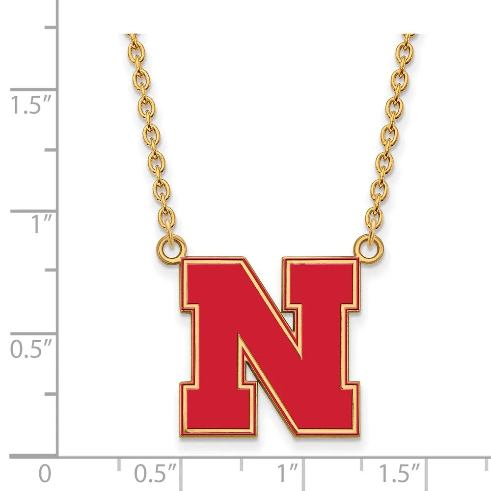 Sterling Silver Gold-plated University of Nebraska Letter N Large Enameled Pendant 18 inch Necklace
