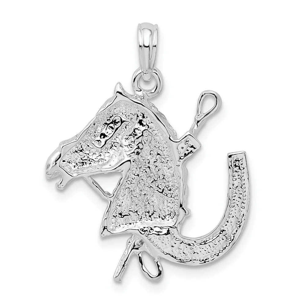 Sterling Silver Polished Horse Head w/Crop and Horseshoe Pendant