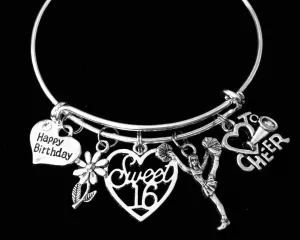 Sweet Sixteen Adjustable Charm Bracelet Happy 16th Birthday Silver Expandable Bangle One Size Fits All Gift Cheerleader I Love to Cheer