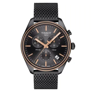 Tissot PR 100 Chronograph Mens Grey Tone Grey Dial Mesh Strap Watch