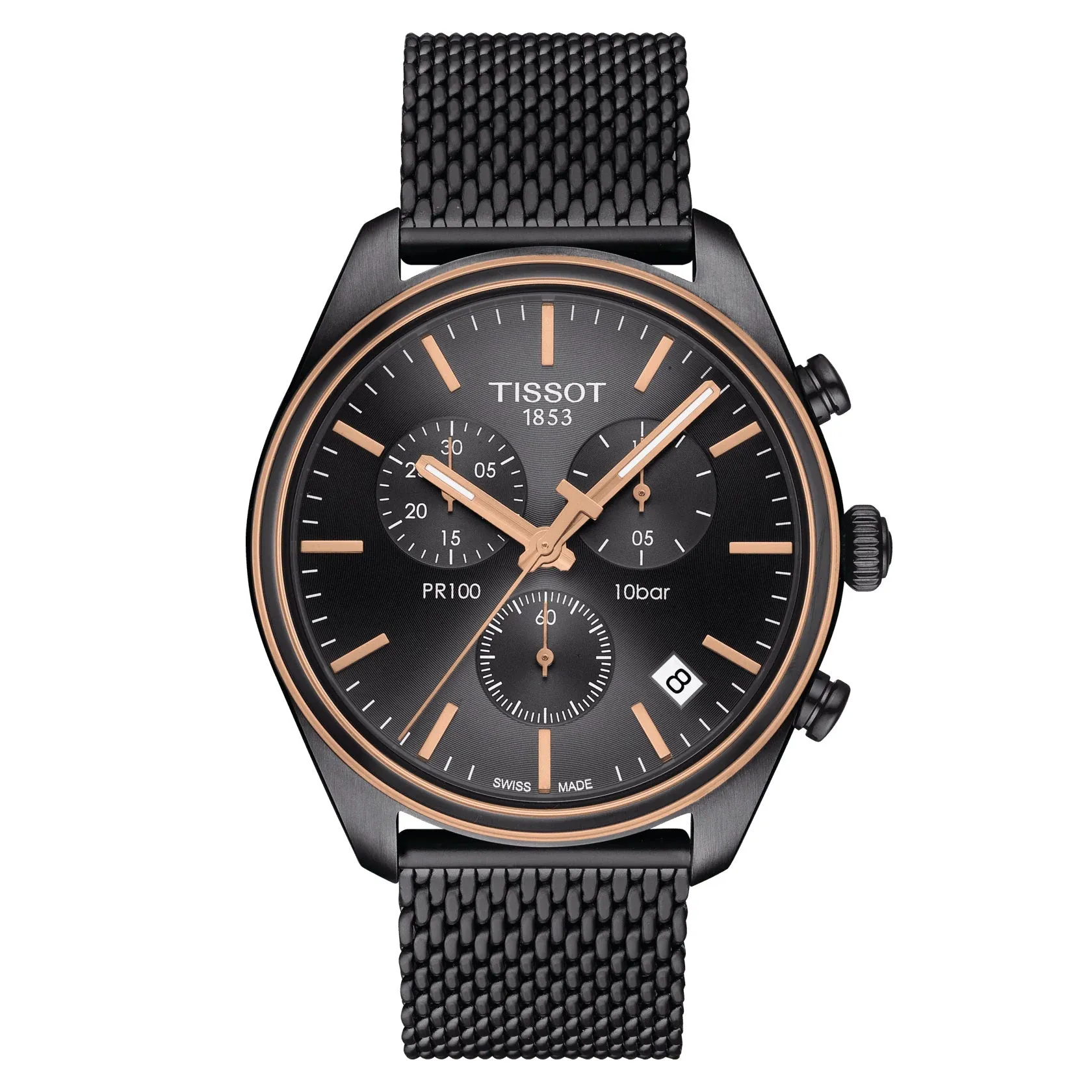 Tissot PR 100 Chronograph Mens Grey Tone Grey Dial Mesh Strap Watch