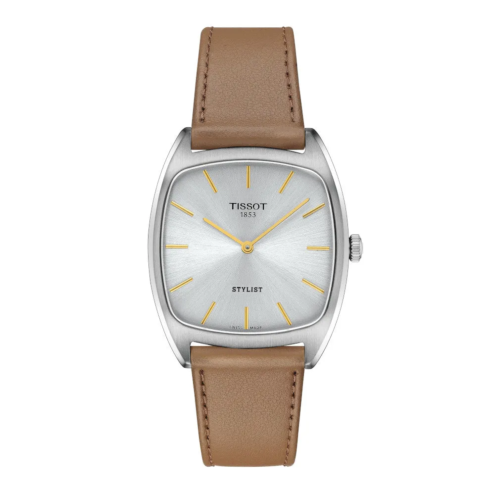 Tissot Stylist Stainless Steel Silver Dial Beige Leather Strap Watch
