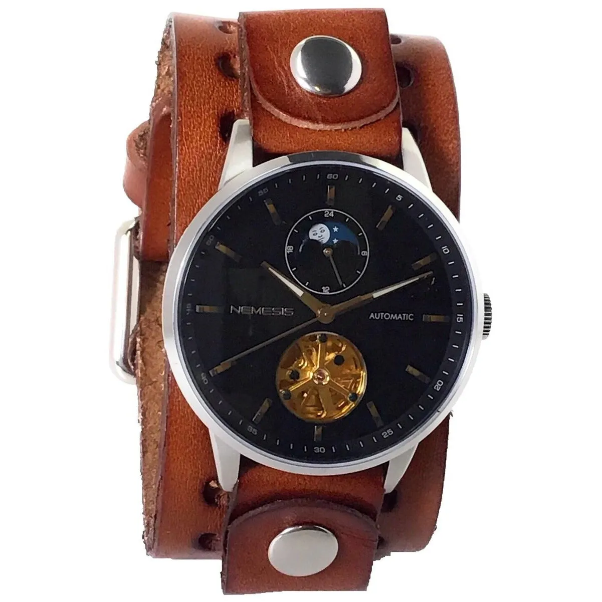 Tourbillon Day/Night Black and Silver Hand Watch with Perforated Khaki Leather Cuff