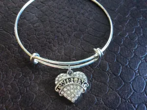 Twirling Crystal Heart Charm Silver Expandable Bangle Bracelet Sports Team Coach Gift Adjustable