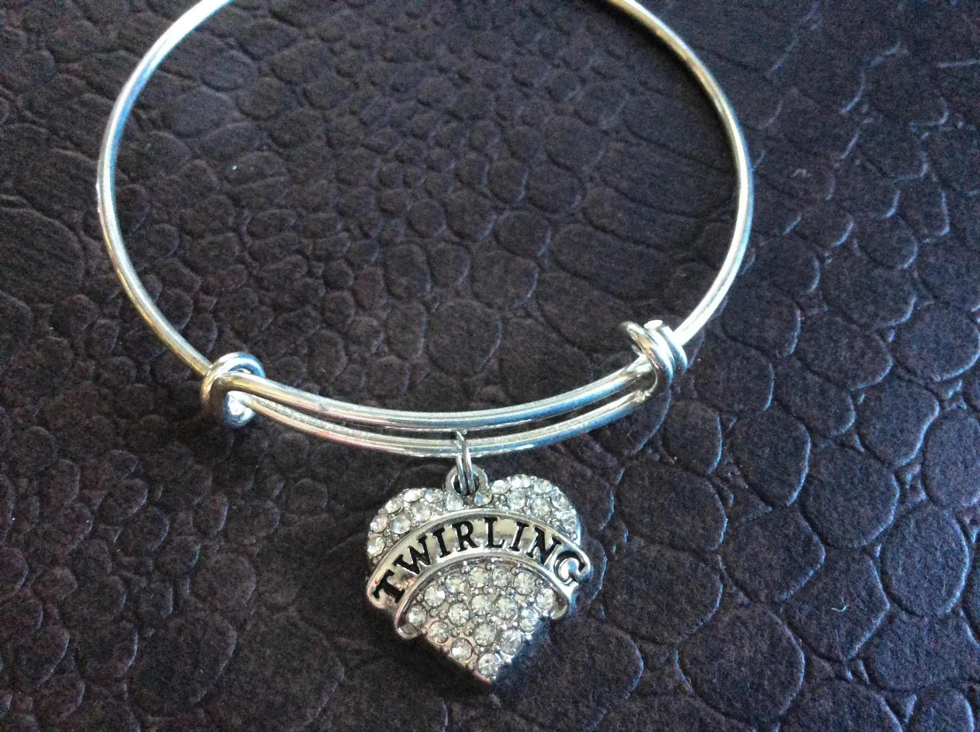 Twirling Crystal Heart Charm Silver Expandable Bangle Bracelet Sports Team Coach Gift Adjustable
