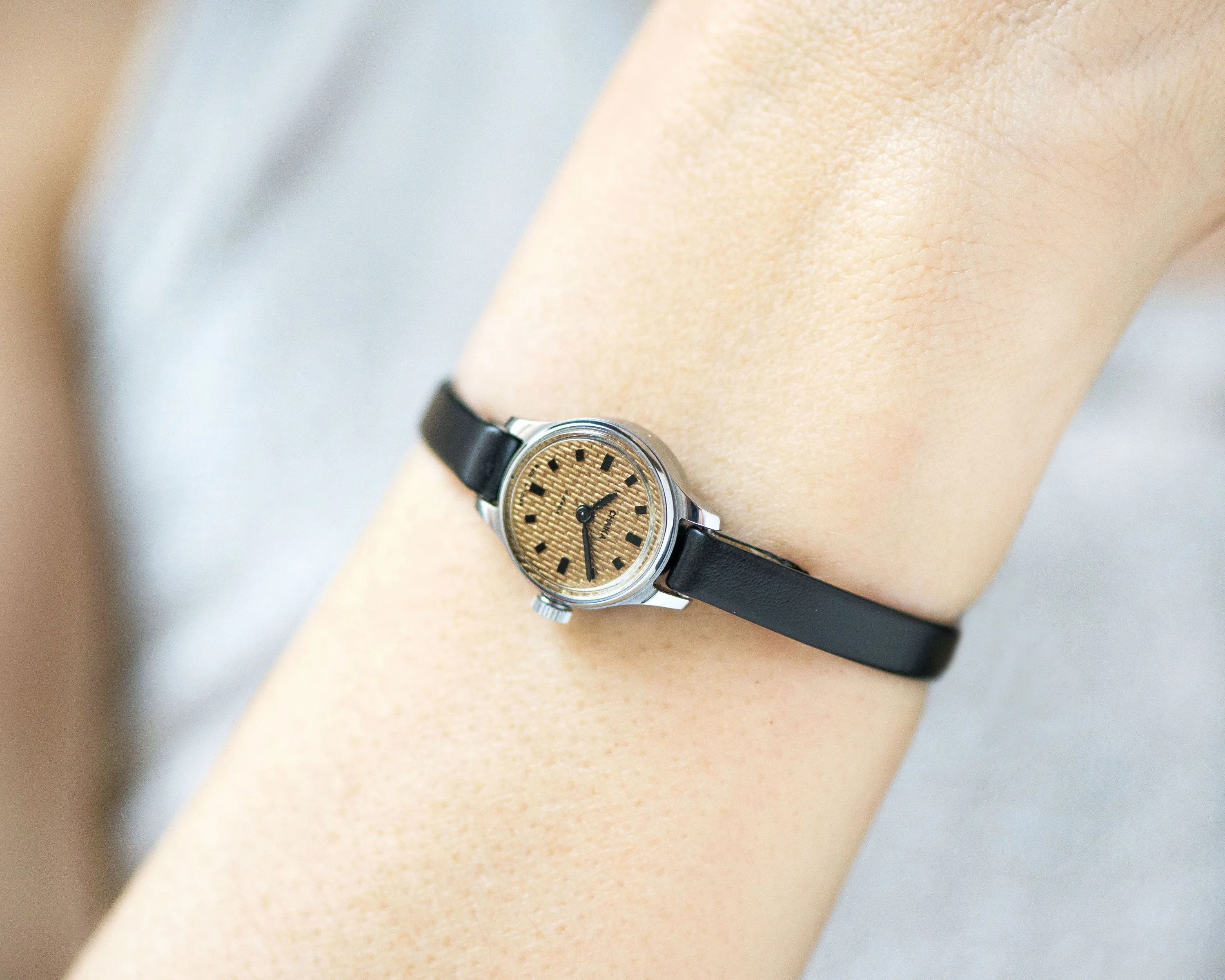 Unused lady wristwatch beige dial Seagull, NOS women watch classic vintage, watch for woman tiny accessory gift, new premium leather strap