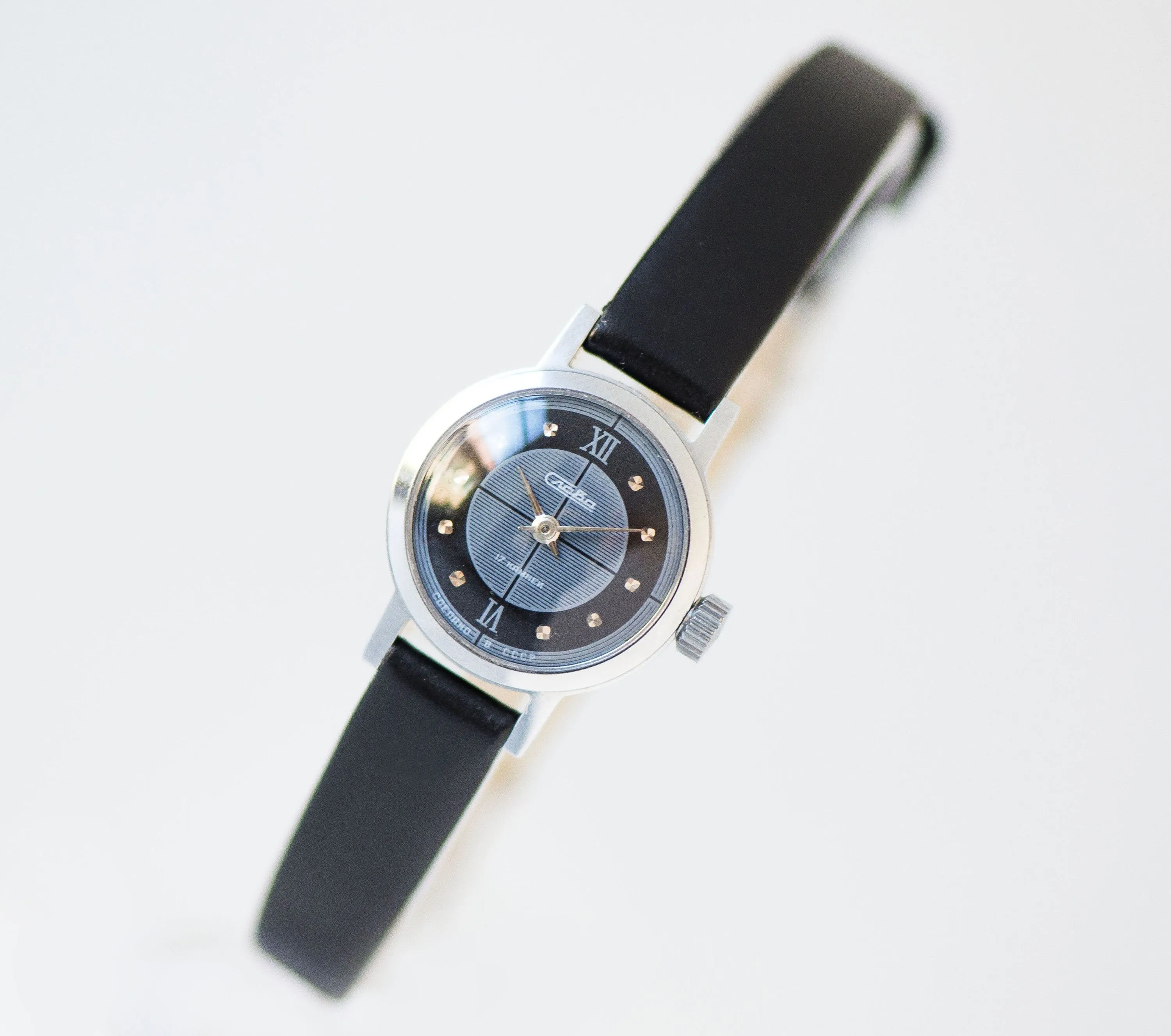 Unused women watch black grey dial silver dots vintage, delicate women watch Glory, small watch for women gift, new premium leather strap