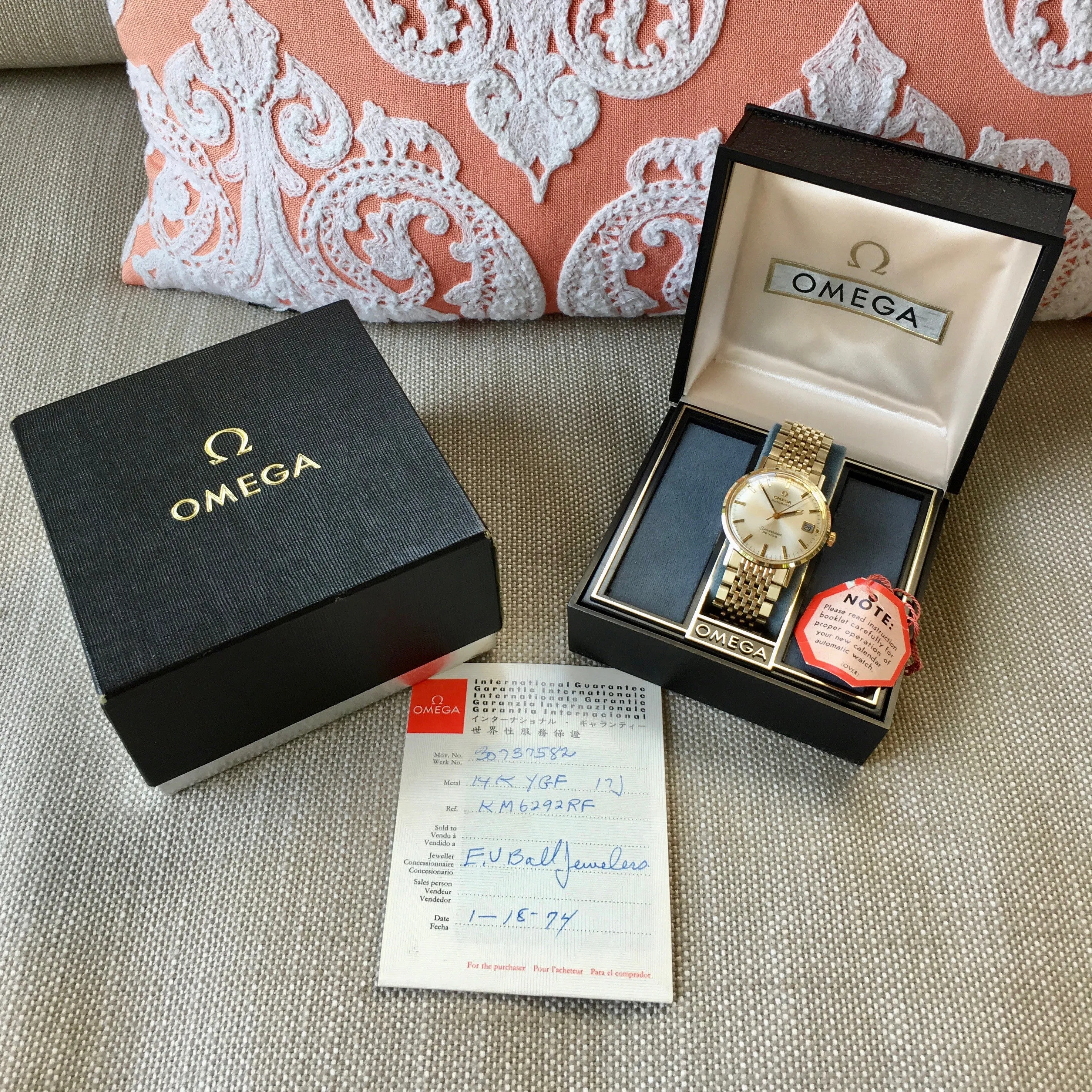 Vintage Omega Seamaster De Ville Date 6292 Gold Filled Automatic Wristwatch Box and Papers New Old Stock