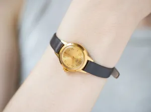 Vintage women's watch classical gold plated wristwatch Dawn, shockproof watch women jewelry gift tiny watch round, new genuine leather strap