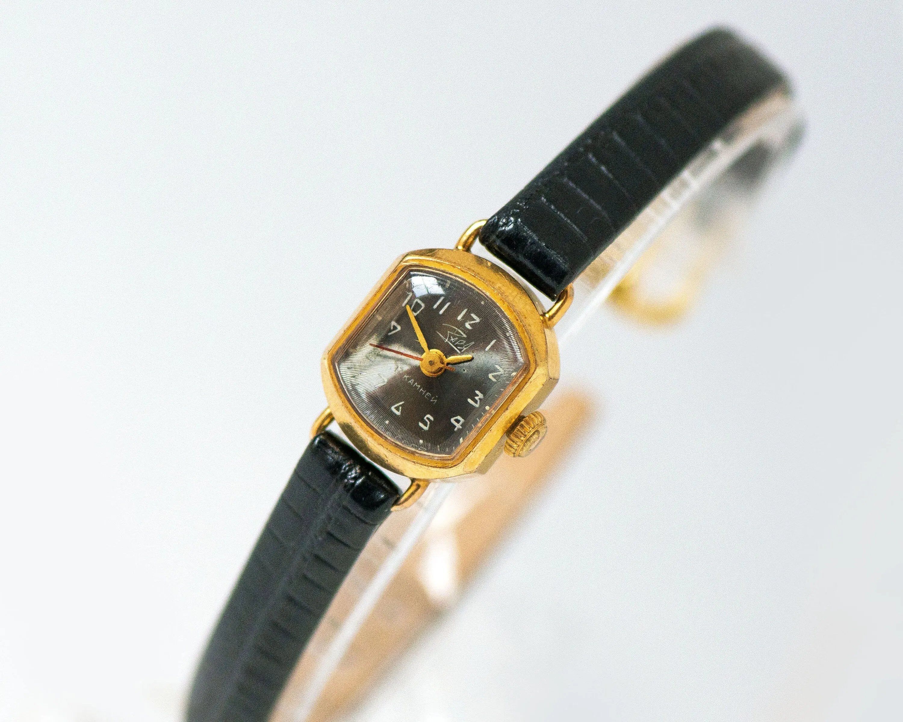 Vintage women's watch Dawn, delicate lady wristwatch minimalist, gold plated watch woman black classic jewelry gift new genuine leather band