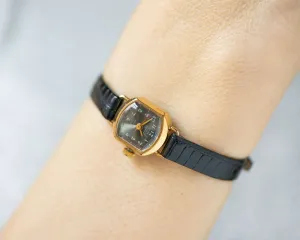 Vintage women's watch Dawn, delicate lady wristwatch minimalist, gold plated watch woman black classic jewelry gift new genuine leather band