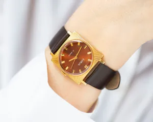 Watch for women burgundy dial square Dawn, vintage gold plated tomboy watch gift, sunburst case oversized lady watch new luxury leather band