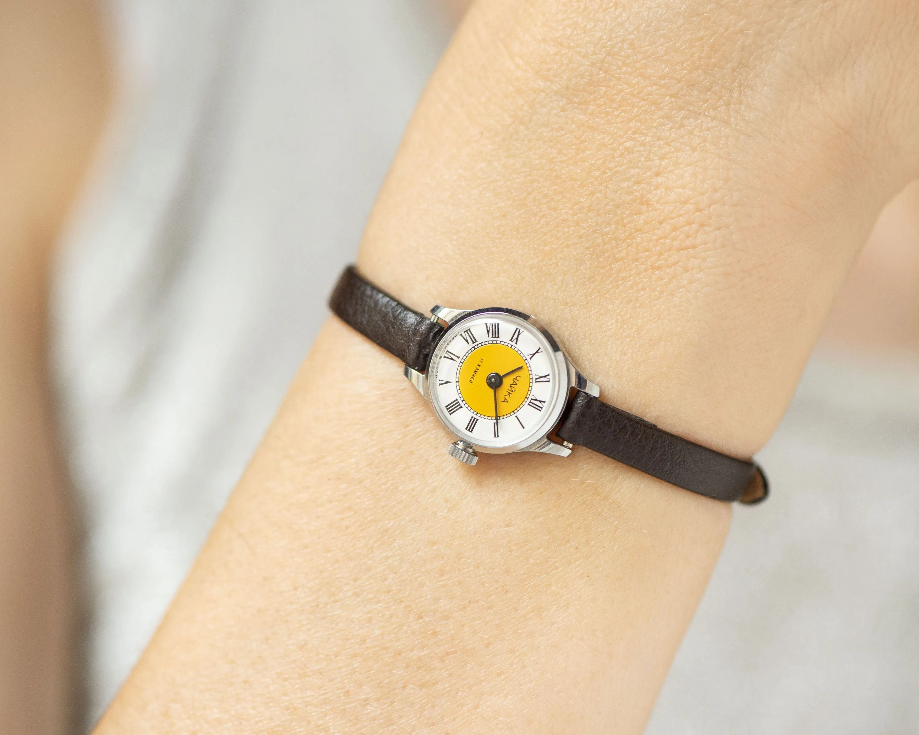 Women micro watch yellow dial Roman numerals silver shade Seagull wristwatch, vintage delicate women watch gift, new genuine leather strap
