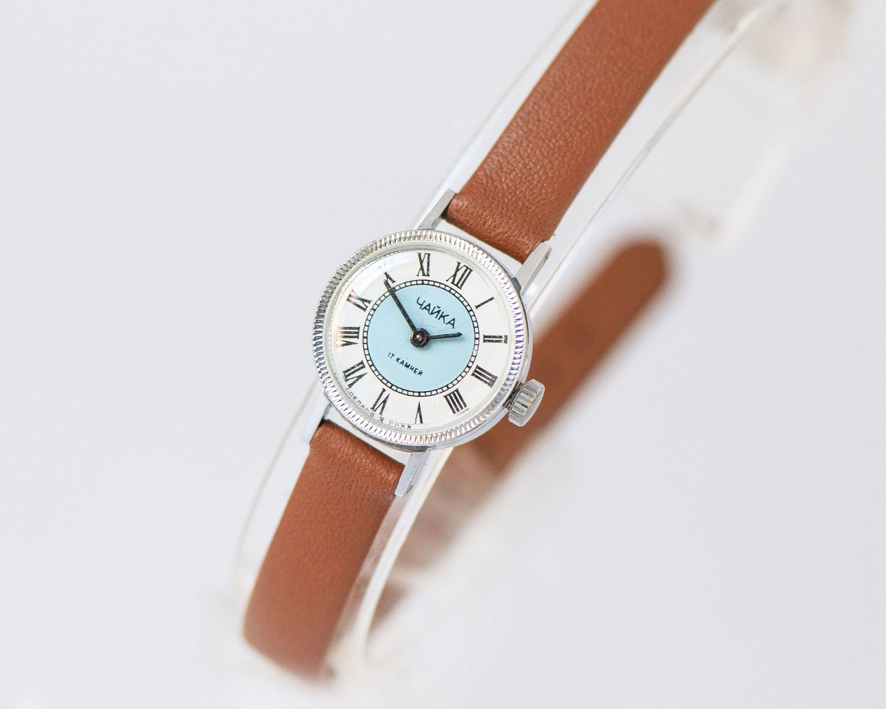 Women Watch Blue Dot Face Roman numerals, Vintage women watch very small, Women's Tiny Gift Watch Seagull Retro, New Premium Leather Strap
