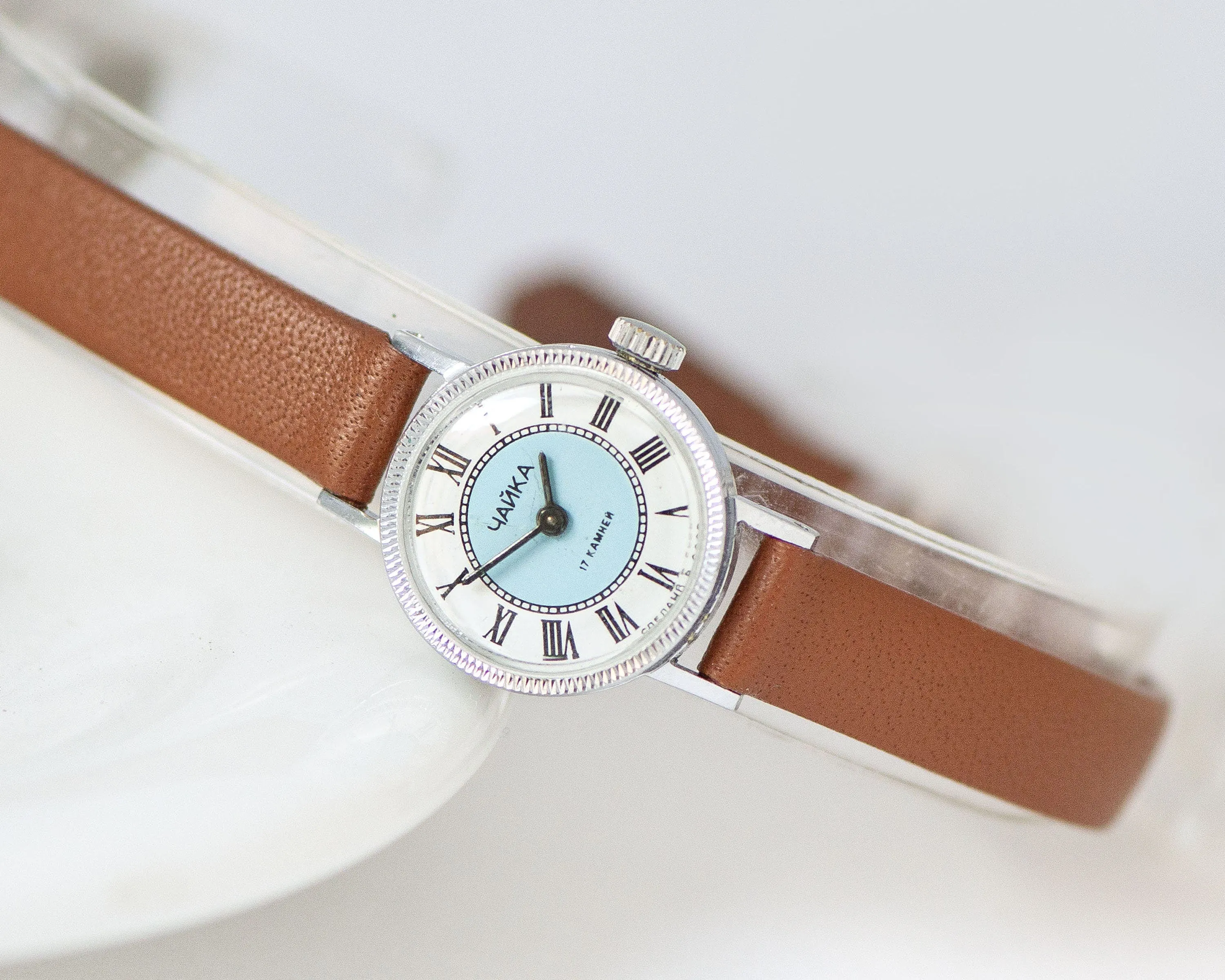 Women Watch Blue Dot Face Roman numerals, Vintage women watch very small, Women's Tiny Gift Watch Seagull Retro, New Premium Leather Strap