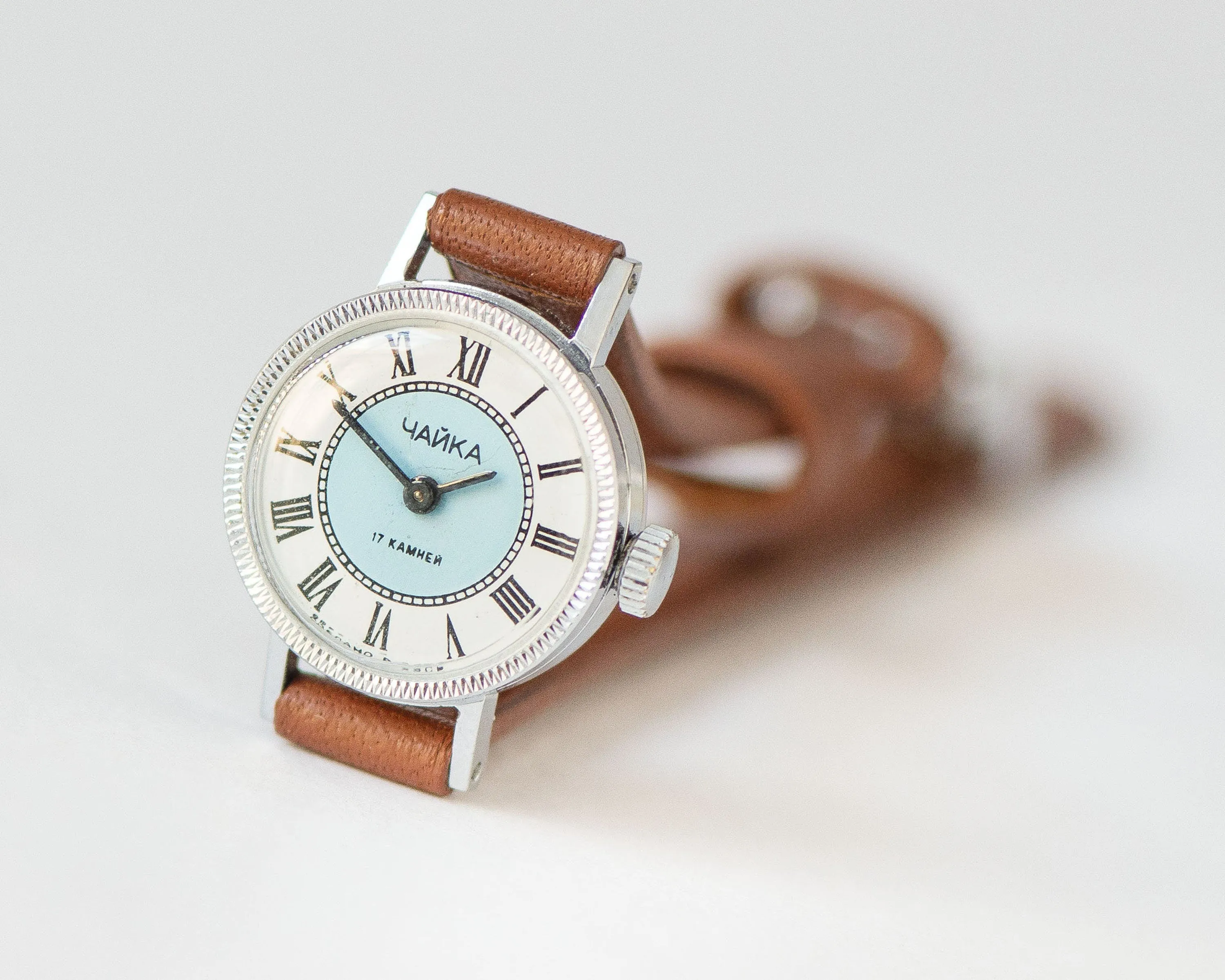 Women Watch Blue Dot Face Roman numerals, Vintage women watch very small, Women's Tiny Gift Watch Seagull Retro, New Premium Leather Strap