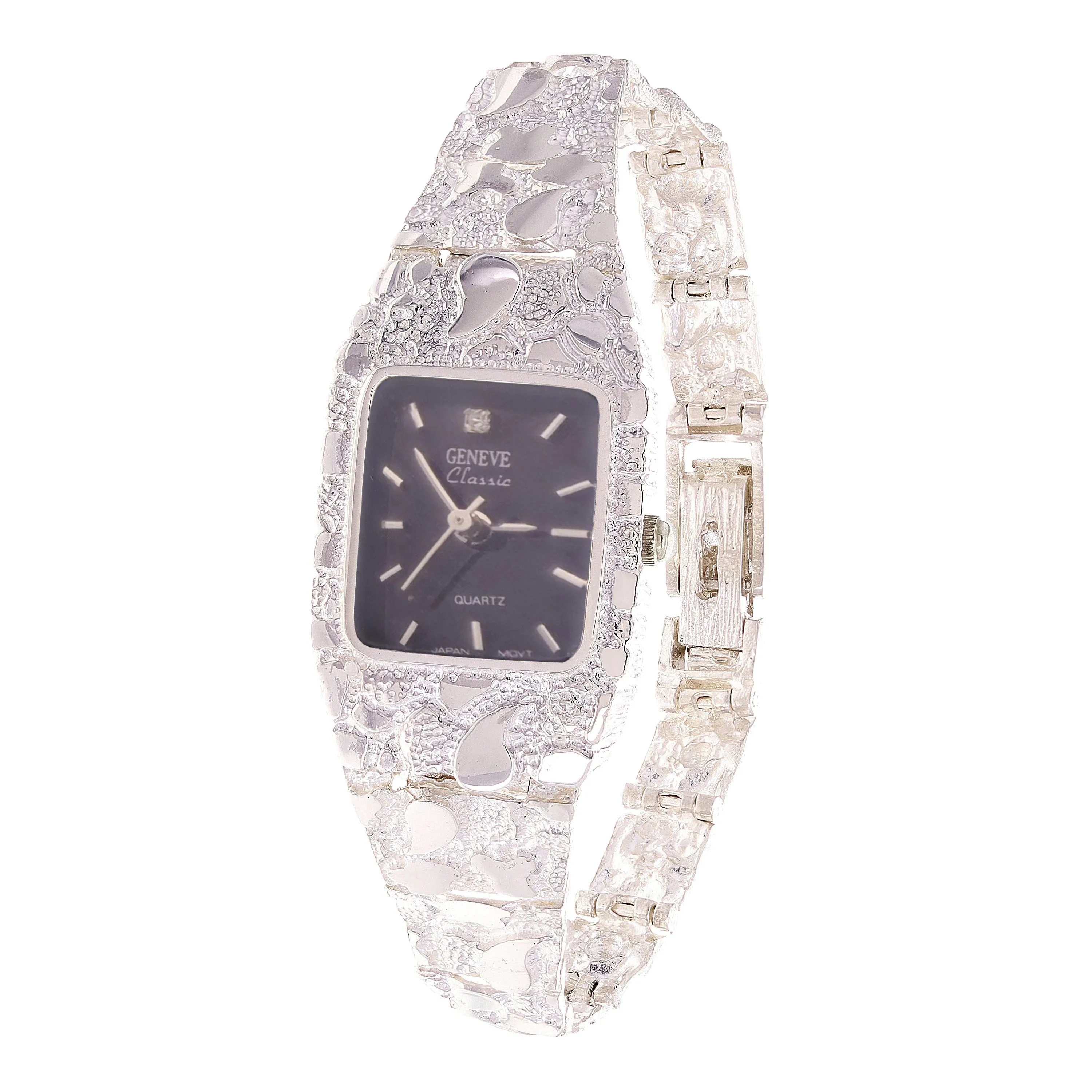 Women's 925 Sterling Silver Nugget Link Geneve Wrist Watch 6.5-7" 24.7 grams