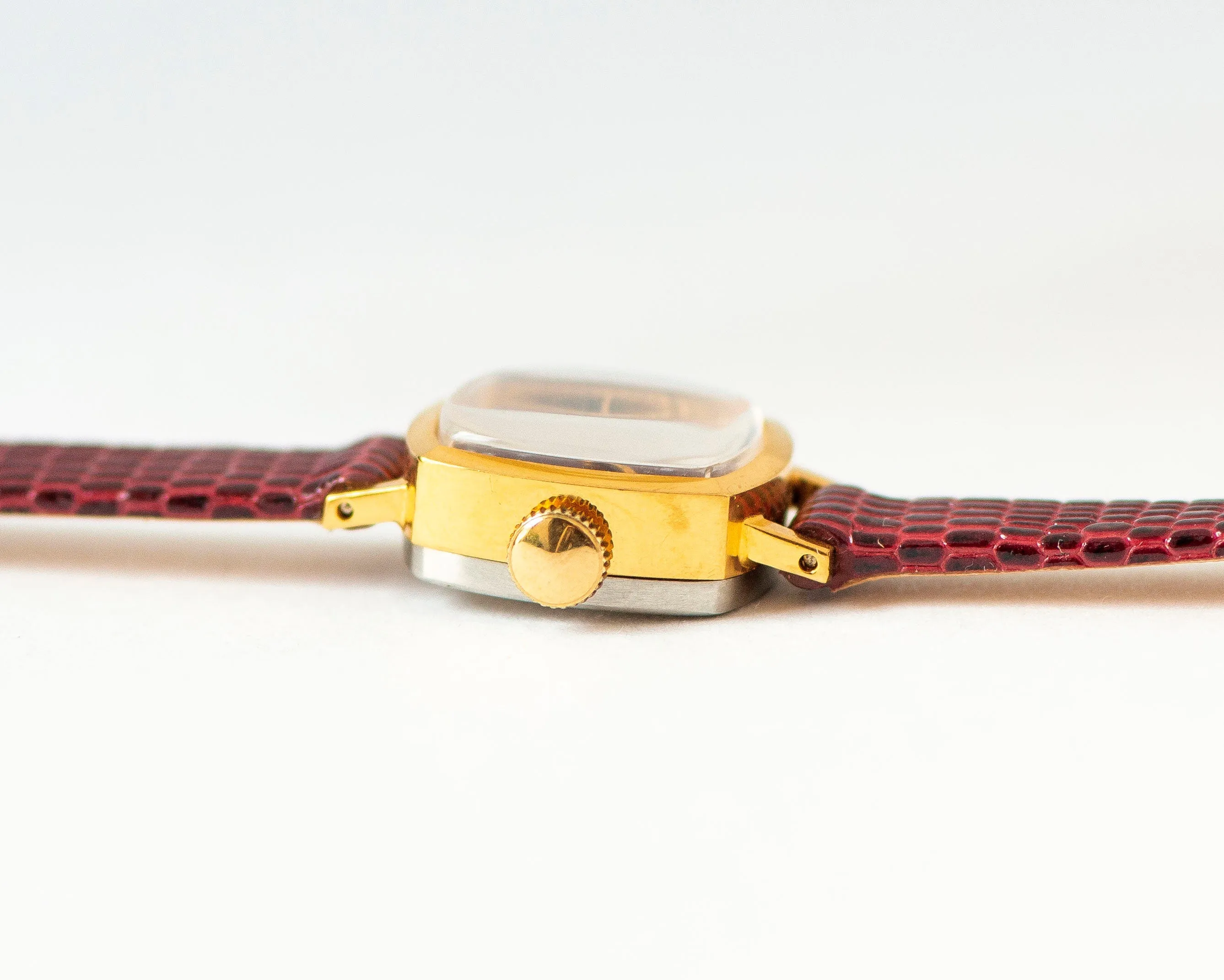 Women's watch burgundy gold plated vintage Dawn, unused micro wristwatch for women rectangular, lady watch gift, new genuine leather strap